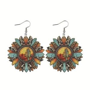 New - Southwest Sunflower Shaped Wooden Earrings